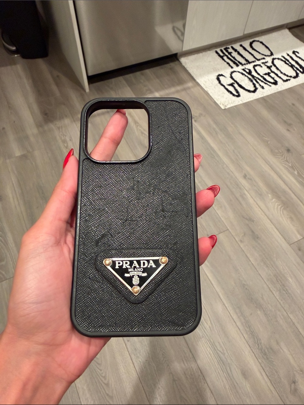Prada Black Saffiano Leather iPhone 15 pro Case with Triangle Logo
